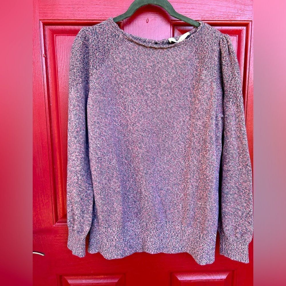 LOFT XL Stitchy Puff Sleeve Sweater, pink multi-color, Button up back